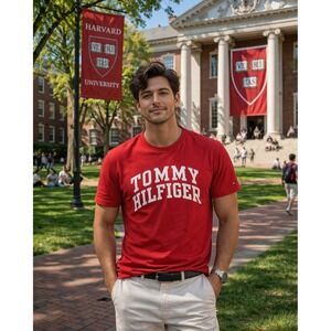 Tommy Hilfiger T-Shirt Mens Large Red New Arched Logo Graphic Tee XM04930 600